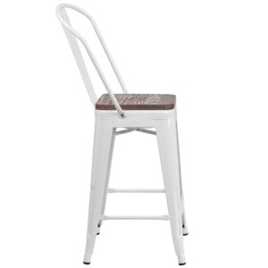 kitchen counter or eatery a refreshing rustic feel with its metal and wood features. This stylish metal stool features a curved back with a vertical slat and a cross brace under the seat for added support and stability. A wood seat adds comfort and beauty. The lower support brace doubles as a footrest