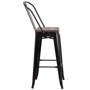 kitchen island or bar decor a refreshing rustic feel with its metal and wood features. This stylish metal stool features a curved back with a vertical slat and a cross brace under the seat for added support and stability. A wood seat adds comfort and beauty. The lower support brace doubles as a footrest