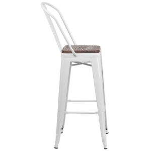 kitchen island or bar decor a refreshing rustic feel with its metal and wood features. This stylish metal stool features a curved back with a vertical slat and a cross brace under the seat for added support and stability. A wood seat adds comfort and beauty. The lower support brace doubles as a footrest