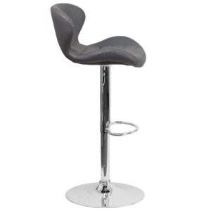 curved back barstool is the perfect choice. This stool stands out with a curvaceous frame and stylish line stitching throughout the vinyl upholstery and will make an attractive statement in your home. The height adjustable swivel seat adjusts from counter to bar height with the handle located below the seat. The chrome footrest supports your feet and relieves pressure from your legs while also providing a contemporary chic design. The chrome pedestal brings a sleek and shiny look that suits both casual home bars and formal dining spaces. To help protect your floors