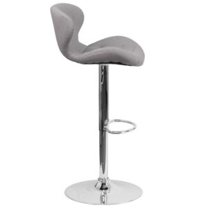 curved back barstool is the perfect choice. This stool stands out with a curvaceous frame and stylish line stitching throughout the fabric upholstery and will make an attractive statement in your home. The height adjustable swivel seat adjusts from counter to bar height with the handle located below the seat. The chrome footrest supports your feet and relieves pressure from your legs while also providing a contemporary chic design. The chrome pedestal brings a sleek and shiny look that suits both casual home bars and formal dining spaces. To help protect your floors