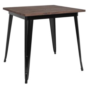 Welcome your customers in with style when you choose this square walnut standard height table with a metal frame. This sturdy table won't take up much floor space in your busy setting and provides your patrons with a cozy space to share food