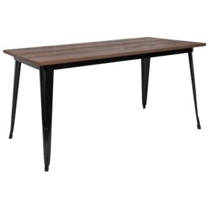 Make room in your modern or rustic space with this metal cafe dining table with wood top. The spacious tabletop is 30.25 x 60 inches that will comfortably accommodate six chairs. It features a gorgeous textured surface with a stabilizing brace that gives it increased stability while still allowing ample leg room.  Rubber floor glides protect your floor by sliding smoothly when you need to move it. Designed for both commercial and residential use