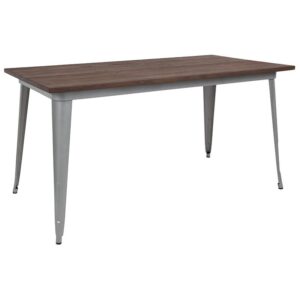 Make room in your modern or rustic space with this metal cafe dining table with wood top. The spacious tabletop is 30.25 x 60 inches that will comfortably accommodate six chairs. It features a gorgeous textured surface with a stabilizing brace that gives it increased stability while still allowing ample leg room.  Rubber floor glides protect your floor by sliding smoothly when you need to move it. Designed for both commercial and residential use