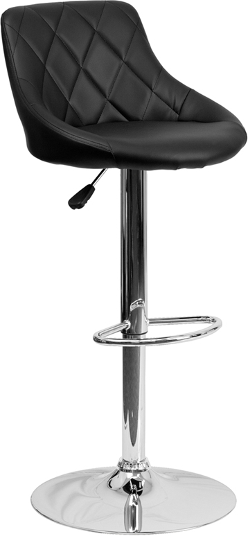 Classic style with a little zing perfectly describes this black upholstered adjustable height barstool with a diamond patterned back. A bucket seat design will make this a great accent chair around the bar area or kitchen and the easy to clean vinyl upholstery is an added bonus. The height adjustable swivel seat adjusts from counter to bar height with the handle located below the seat while the chrome footrest supports your feet while also providing a contemporary chic design. To help protect your floors