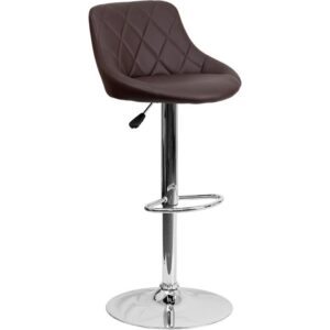 Classic style with a little zing perfectly describes this brown upholstered adjustable height barstool with a diamond patterned back. A bucket seat design will make this a great accent chair around the bar area or kitchen and the easy to clean vinyl upholstery is an added bonus. The height adjustable swivel seat adjusts from counter to bar height with the handle located below the seat while the chrome footrest supports your feet while also providing a contemporary chic design. To help protect your floors