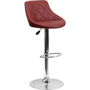 Classic style with a little zing perfectly describes this burgundy upholstered adjustable height barstool with a diamond patterned back. A bucket seat design will make this a great accent chair around the bar area or kitchen and the easy to clean vinyl upholstery is an added bonus. The height adjustable swivel seat adjusts from counter to bar height with the handle located below the seat while the chrome footrest supports your feet while also providing a contemporary chic design. To help protect your floors