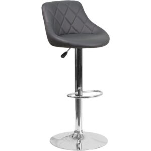 Classic style with a little zing perfectly describes this gray upholstered adjustable height barstool with a diamond patterned back. A bucket seat design will make this a great accent chair around the bar area or kitchen and the easy to clean vinyl upholstery is an added bonus. The height adjustable swivel seat adjusts from counter to bar height with the handle located below the seat while the chrome footrest supports your feet while also providing a contemporary chic design. To help protect your floors