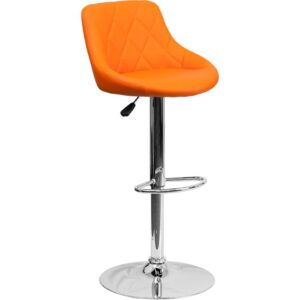 Classic style with a little zing perfectly describes this orange upholstered adjustable height barstool with a diamond patterned back. A bucket seat design will make this a great accent chair around the bar area or kitchen and the easy to clean vinyl upholstery is an added bonus. The height adjustable swivel seat adjusts from counter to bar height with the handle located below the seat while the chrome footrest supports your feet while also providing a contemporary chic design. To help protect your floors