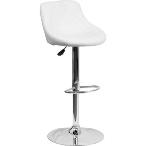 Classic style with a little zing perfectly describes this white upholstered adjustable height barstool with a diamond patterned back. A bucket seat design will make this a great accent chair around the bar area or kitchen and the easy to clean vinyl upholstery is an added bonus. The height adjustable swivel seat adjusts from counter to bar height with the handle located below the seat while the chrome footrest supports your feet while also providing a contemporary chic design. To help protect your floors