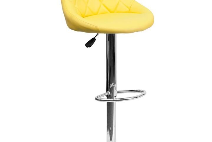 Classic style with a little zing perfectly describes this yellow upholstered adjustable height barstool with a diamond patterned back. A bucket seat design will make this a great accent chair around the bar area or kitchen and the easy to clean vinyl upholstery is an added bonus. The height adjustable swivel seat adjusts from counter to bar height with the handle located below the seat while the chrome footrest supports your feet while also providing a contemporary chic design. To help protect your floors