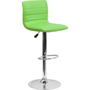 Provide the perfect pop of color and on-trend appeal in your home with this green adjustable barstool. This modern style armless stool has a gracefully contoured shape and mid-back design that offers the perfect amount of support for guests. The height adjustable swivel seat adjusts from counter to bar height with the handle located below the seat. The chrome footrest supports your feet and promotes good posture while also providing a contemporary chic design. To help protect your floors
