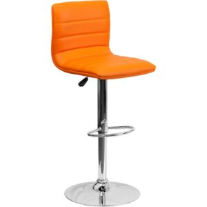 Provide the perfect pop of color and on-trend appeal in your home with this orange adjustable barstool. This modern style armless stool has a gracefully contoured shape and mid-back design that offers the perfect amount of support for guests. The height adjustable swivel seat adjusts from counter to bar height with the handle located below the seat. The chrome footrest supports your feet and promotes good posture while also providing a contemporary chic design. To help protect your floors