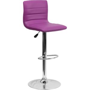 Provide the perfect pop of color and on-trend appeal in your home with this purple adjustable barstool. This modern style armless stool has a gracefully contoured shape and mid-back design that offers the perfect amount of support for guests. The height adjustable swivel seat adjusts from counter to bar height with the handle located below the seat. The chrome footrest supports your feet and promotes good posture while also providing a contemporary chic design. To help protect your floors