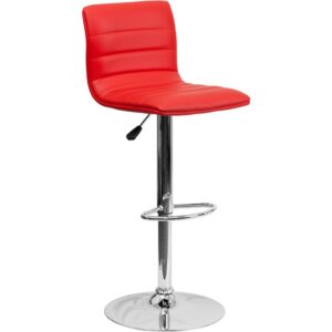 Provide the perfect pop of color and on-trend appeal in your home with this red adjustable barstool. This modern style armless stool has a gracefully contoured shape and mid-back design that offers the perfect amount of support for guests. The height adjustable swivel seat adjusts from counter to bar height with the handle located below the seat. The chrome footrest supports your feet and promotes good posture while also providing a contemporary chic design. To help protect your floors
