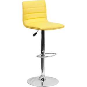 Provide the perfect pop of color and on-trend appeal in your home with this yellow adjustable barstool. This modern style armless stool has a gracefully contoured shape and mid-back design that offers the perfect amount of support for guests. The height adjustable swivel seat adjusts from counter to bar height with the handle located below the seat. The chrome footrest supports your feet and promotes good posture while also providing a contemporary chic design. To help protect your floors