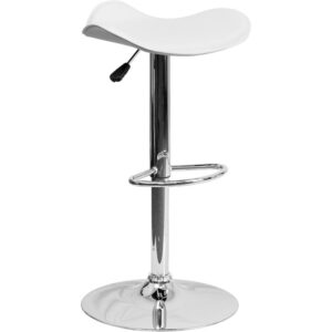 Take your design game to the next level with this extraordinary adjustable height bar stool. The backless design is casual and contemporary which allows it to seamlessly accent any area in the home. The easy to clean white vinyl upholstery will give your home a vibrant energy and is perfect to use on a regular basis. The height adjustable swivel seat adapts from counter to bar height with the handle located below the seat. The chrome footrest supports your feet while also providing a fashionable chic design. To help protect your floors