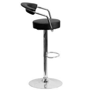 posh look with this retro adjustable height black barstool with chrome arms. Elegant vinyl upholstery and cutout back design