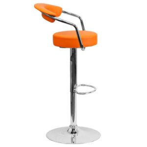 posh look with this retro adjustable height orange barstool with chrome arms. Elegant vinyl upholstery and cutout back design
