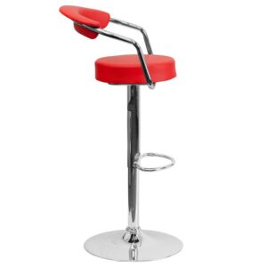 posh look with this retro adjustable height red barstool with chrome arms. Elegant vinyl upholstery and cutout back design