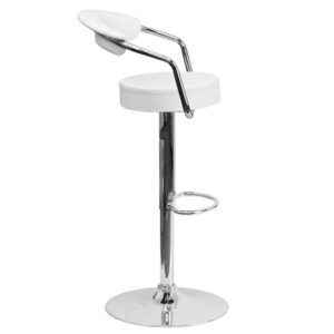 posh look with this retro adjustable height white barstool with chrome arms. Elegant vinyl upholstery and cutout back design