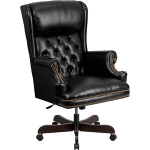 This button tufted black executive office chair combines old world craftsmanship with 21st century ergonomic seating principles
