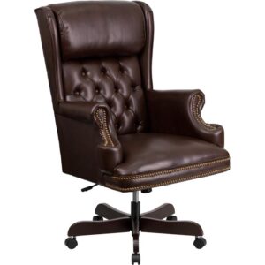 This button tufted brown executive office chair combines old world craftsmanship with 21st century ergonomic seating principles