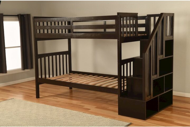 The Claire Twin/Twin Bunk boasts clean lines and attractive angles. The Rustci Brown finish blends in with many color schemes in your home. Enjoy this hardwood sturdy twin bunk bed