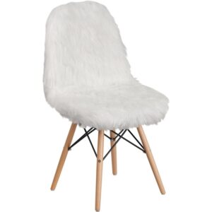 This fashionable contemporary chair has a retro appeal with a molded back and seat. This colorful white chair will brighten your home or office decor and features a "cool to touch" faux fur material with an attractive beechwood base. Wooden Legs feature a metal bracing for added support