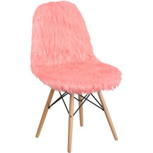 This fashionable contemporary chair has a retro appeal with a molded back and seat. This colorful hermosa pink chair will brighten your home or office decor. This chair features a "cool to touch" faux fur material with an attractive Beechwood base. Wooden Legs feature a metal bracing for added support