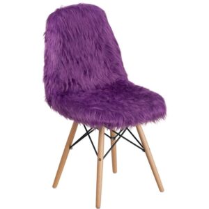 This fashionable contemporary chair has a retro appeal with a molded back and seat. This colorful purple chair will brighten your home or office decor. This chair features a "cool to touch" faux fur material with an attractive Beechwood base. Wooden Legs feature a metal bracing for added support