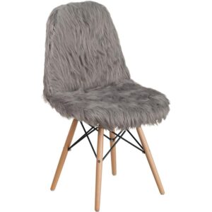 This fashionable contemporary chair has a retro appeal with a molded back and seat. This colorful charcoal gray chair will brighten your home or office decor. This chair features a "cool to touch" faux fur material with an attractive Beechwood base. Wooden Legs feature a metal bracing for added support