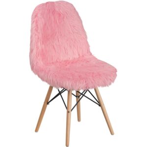 This fashionable contemporary chair has a retro appeal with a molded back and seat. This colorful light pink chair will brighten your home or office decor. This chair features a "cool to touch" faux fur material with an attractive Beechwood base. Wooden Legs feature a metal bracing for added support