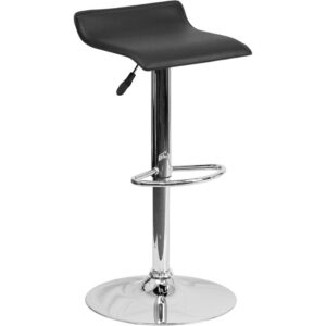 Add an up to date vibe as well as a gorgeous pop of color to your home with this black adjustable height barstool. The overall design is casual and contemporary which allows it to seamlessly accent any area in the home. The easy to clean vinyl upholstery is perfect when being used on a regular basis. The height adjustable swivel seat adjusts from counter to bar height with the handle located below the seat. The chrome footrest supports your feet and relieves pressure from your legs while also providing a trendy design. To help protect your floors