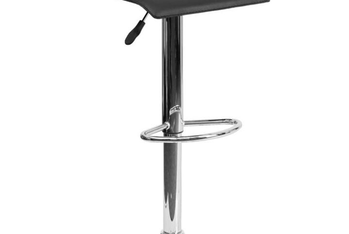 Add an up to date vibe as well as a gorgeous pop of color to your home with this black adjustable height barstool. The overall design is casual and contemporary which allows it to seamlessly accent any area in the home. The easy to clean vinyl upholstery is perfect when being used on a regular basis. The height adjustable swivel seat adjusts from counter to bar height with the handle located below the seat. The chrome footrest supports your feet and relieves pressure from your legs while also providing a trendy design. To help protect your floors
