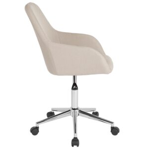the classic style of this bucket type task chair will always be popular.  This chair boasts stylish integrated flared arms and beige fabric upholstery. This chair is ideal for those who spend the bulk of their day seated because of the mid back support that it offers to the mid to upper back region. Chair rotates 360 degrees to provide easy access to all of your work surfaces. A pneumatic seat height adjustment lever lets you easily position the chair at a height that is most comfortable for you. The chrome base provides a modern finish to this sophisticated versatile home or office chair. This retro-modern office chair is a great choice to complete the look in any office