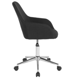 the classic style of this bucket type task chair will always be popular.  This chair boasts stylish integrated flared arms and black fabric upholstery. This chair is ideal for those who spend the bulk of their day seated because of the mid back support that it offers to the mid to upper back region. Chair rotates 360 degrees to provide easy access to all of your work surfaces. A pneumatic seat height adjustment lever lets you easily position the chair at a height that is most comfortable for you. The chrome base provides a modern finish to this sophisticated versatile home or office chair. This retro-modern office chair is a great choice to complete the look in any office