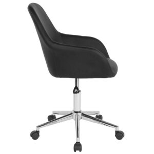 the classic style of this bucket type task chair will always be popular.  This chair boasts stylish integrated flared arms and black LeatherSoft upholstery. LeatherSoft is leather and polyurethane for added softness and durability. This chair is ideal for those who spend the bulk of their day seated because of the mid back support that it offers to the mid to upper back region. Chair rotates 360 degrees to provide easy access to all of your work surfaces. A pneumatic seat height adjustment lever lets you easily position the chair at a height that is most comfortable for you. The chrome base provides a modern finish to this sophisticated versatile home or office chair. This retro-modern office chair is a great choice to complete the look in any office