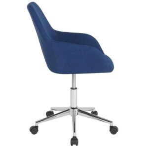 the classic style of this bucket type task chair will always be popular.  This chair boasts stylish integrated flared arms and blue fabric upholstery. This chair is ideal for those who spend the bulk of their day seated because of the mid back support that it offers to the mid to upper back region. Chair rotates 360 degrees to provide easy access to all of your work surfaces. A pneumatic seat height adjustment lever lets you easily position the chair at a height that is most comfortable for you. The chrome base provides a modern finish to this sophisticated versatile home or office chair. This retro-modern office chair is a great choice to complete the look in any office