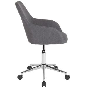 the classic style of this bucket type task chair will always be popular.  This chair boasts stylish integrated flared arms and dark gray fabric upholstery. This chair is ideal for those who spend the bulk of their day seated because of the mid back support that it offers to the mid to upper back region. Chair rotates 360 degrees to provide easy access to all of your work surfaces. A pneumatic seat height adjustment lever lets you easily position the chair at a height that is most comfortable for you. The chrome base provides a modern finish to this sophisticated versatile home or office chair. This retro-modern office chair is a great choice to complete the look in any office