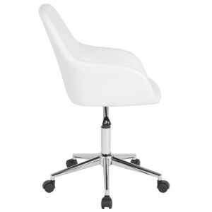 the classic style of this bucket type task chair will always be popular.  This chair boasts stylish integrated flared arms and white LeatherSoft upholstery. LeatherSoft is leather and polyurethane for added softness and durability. This chair is ideal for those who spend the bulk of their day seated because of the mid back support that it offers to the mid to upper back region. Chair rotates 360 degrees to provide easy access to all of your work surfaces. A pneumatic seat height adjustment lever lets you easily position the chair at a height that is most comfortable for you. The chrome base provides a modern finish to this sophisticated versatile home or office chair. This retro-modern office chair is a great choice to complete the look in any office