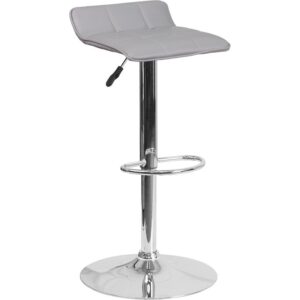 Simplicity and elegance go hand in hand with this gray adjustable height barstool with a charming quilted design. The overall design is casual and contemporary which allow it to seamlessly accent any area in the home. The easy to clean vinyl upholstery is perfect when being used on a regular basis. The height adjustable swivel seat adjusts from counter to bar height with the handle located below the seat. The chrome footrest supports your feet while also providing a contemporary chic design. To help protect your floors