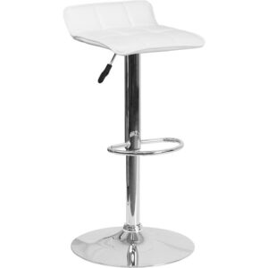 Simplicity and elegance go hand in hand with this white adjustable height barstool with a charming quilted design. The overall design is casual and contemporary which allow it to seamlessly accent any area in the home. The easy to clean vinyl upholstery is perfect when being used on a regular basis. The height adjustable swivel seat adjusts from counter to bar height with the handle located below the seat. The chrome footrest supports your feet while also providing a contemporary chic design. To help protect your floors