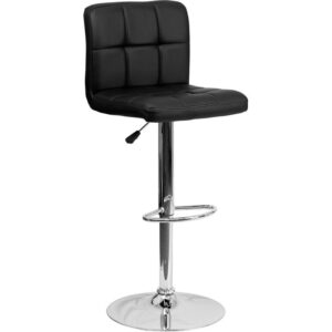 Let the plush quilted design of this this black adjustable height barstool cradle you in comfort. The simple design allows it to seamlessly accent any area in the home. The easy to clean vinyl upholstery is an added bonus when stool is used regularly. The height adjustable swivel seat adjusts from counter to bar height with the handle located below the seat. The chrome footrest supports your feet and relieves pressure from your legs while also providing a contemporary chic design. To help protect your floors