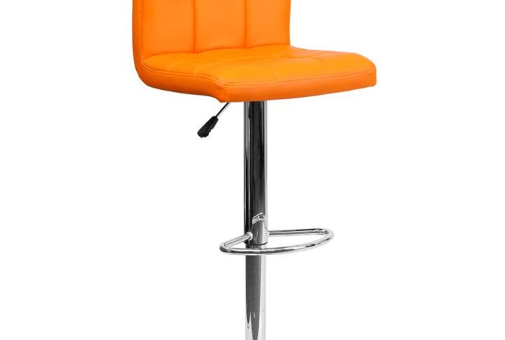 Let the plush quilted design of this this orange adjustable height barstool cradle you in comfort. The simple design allows it to seamlessly accent any area in the home. The easy to clean vinyl upholstery is an added bonus when stool is used regularly. The height adjustable swivel seat adjusts from counter to bar height with the handle located below the seat. The chrome footrest supports your feet and relieves pressure from your legs while also providing a contemporary chic design. To help protect your floors