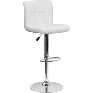 Let the plush quilted design of this this white adjustable height barstool cradle you in comfort. The simple design allows it to seamlessly accent any area in the home. The easy to clean vinyl upholstery is an added bonus when stool is used regularly. The height adjustable swivel seat adjusts from counter to bar height with the handle located below the seat. The chrome footrest supports your feet and relieves pressure from your legs while also providing a contemporary chic design. To help protect your floors