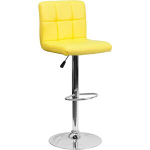 Let the plush quilted design of this this yellow adjustable height barstool cradle you in comfort. The simple design allows it to seamlessly accent any area in the home. The easy to clean vinyl upholstery is an added bonus when stool is used regularly. The height adjustable swivel seat adjusts from counter to bar height with the handle located below the seat. The chrome footrest supports your feet and relieves pressure from your legs while also providing a contemporary chic design. To help protect your floors