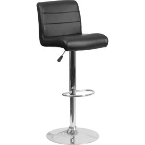 Come in and sit a while in this splendid black adjustable height barstool with exposed embellished stitching on the back. This stylish stool provides added comfort with the waterfall front seat