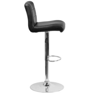 which is designed to remove pressure from the lower legs and improves circulation. The easy to clean vinyl upholstery is an added bonus when stool is used regularly. The height adjustable swivel seat adjusts from counter to bar height with the handle located below the seat. The chrome footrest supports your feet while also providing a contemporary chic design. To help protect your floors