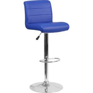 Come in and sit a while in this splendid blue adjustable height barstool with exposed embellished stitching on the back. This stylish stool provides added comfort with the waterfall front seat